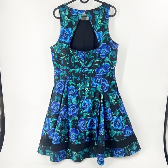 ✅ ELIZA J BACKLESS MIDI FLORAL DRESS SIZE 14 TEAL/BLACK/BLUE - Picture 7 of 8
